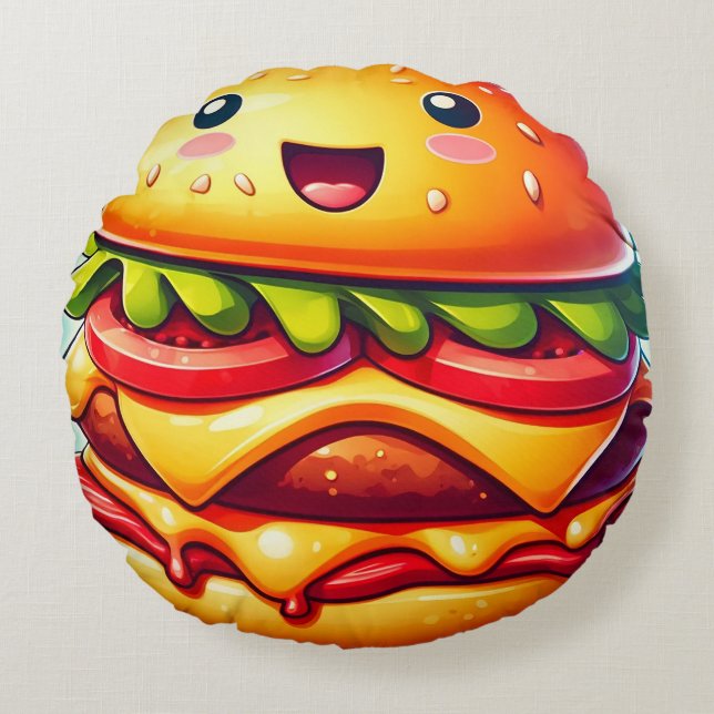 Tecknad Cheeseburger Round Pillow - Whimsical Rund Kudde (Framsidan)