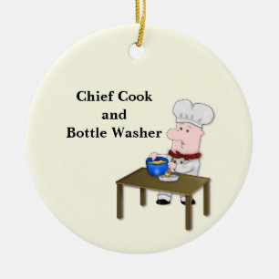 Tecknad Chef, ’Chief Cook and Flaska Washer’ Julgransprydnad Keramik
