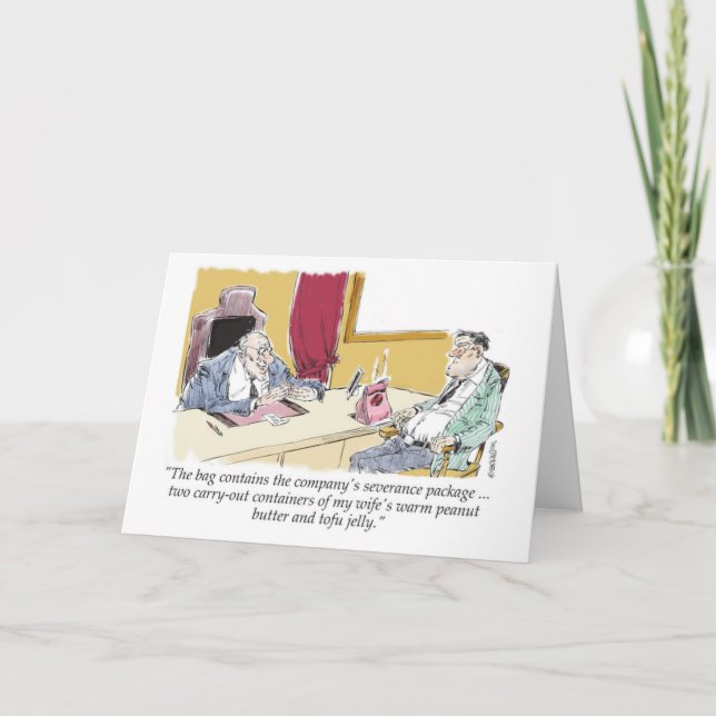 Tecknad chef som erbjuder avgångsvederlag paket av kort (Framsida)