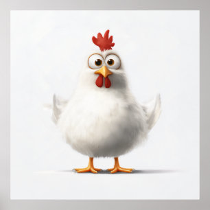 Tecknad Chicken med fluffy White Feather Poster