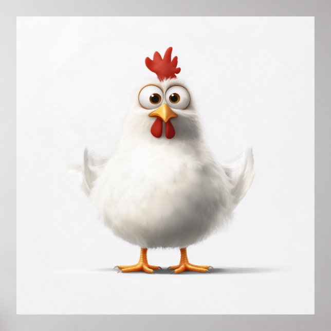 Tecknad Chicken med fluffy White Feather Poster (Framsidan)