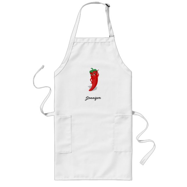 Tecknad Chili Pepper med eget namn Långt Förkläde (Framsidan)