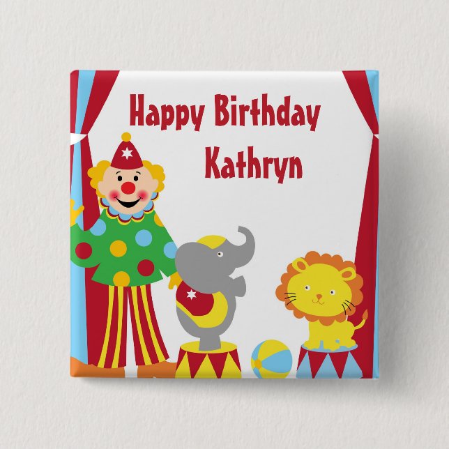 Tecknad Circus Clown and Animals Birthday Button Knapp (Framsida)
