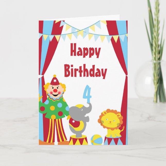Tecknad Circus Clown and Animals Birthday Card Kort (Framsida)