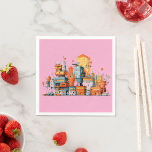 Tecknad City Rosa Napkins - färgstark Animerad Pappersservett