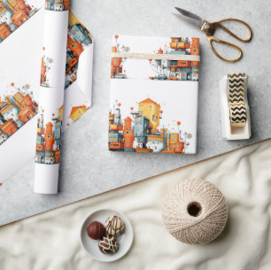 Tecknad City Skyline Wrapping Papper - Animerad Presentpapper
