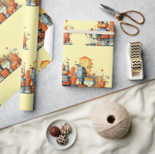Tecknad City Wrapping Papper - Spelande Gult Urban Presentpapper