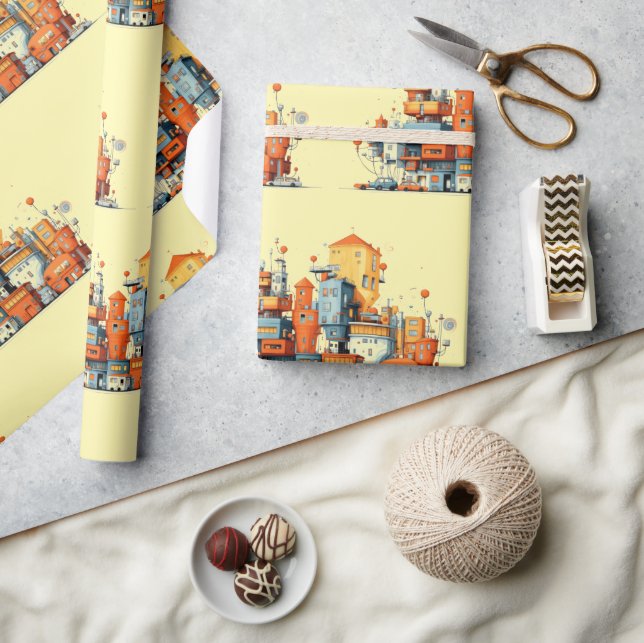 Tecknad City Wrapping Papper - Spelande Gult Urban Presentpapper (Hantverk)