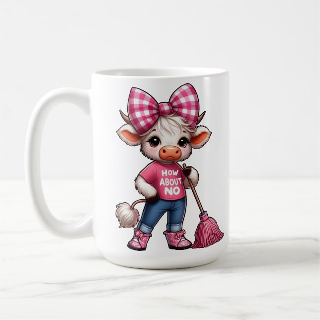 Tecknad Cow i Rosa Outfit med Gingham Bow Kaffemugg (Vänster)