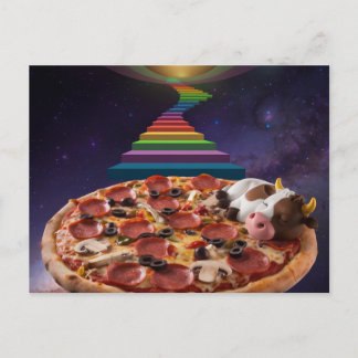 Tecknad Cow Spipande på ett Pizza Vykort