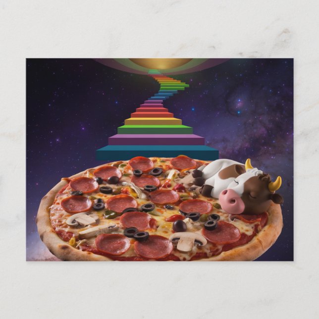 Tecknad Cow Spipande på ett Pizza Vykort (Framsida)