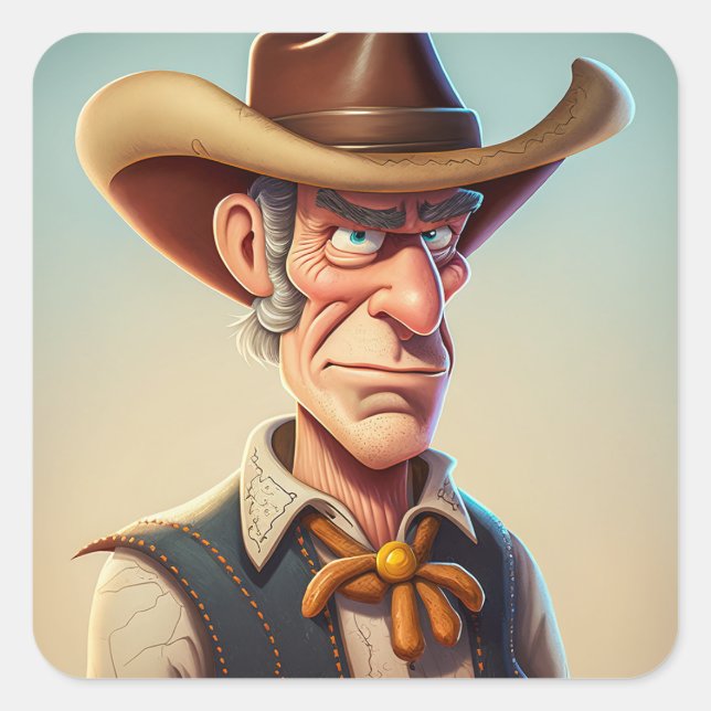 Tecknad Cowboy Fyrkantigt Klistermärke (Framsida)