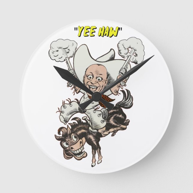 Tecknad cowboyskjutpistoler ridkonst rund klocka (Framsida)