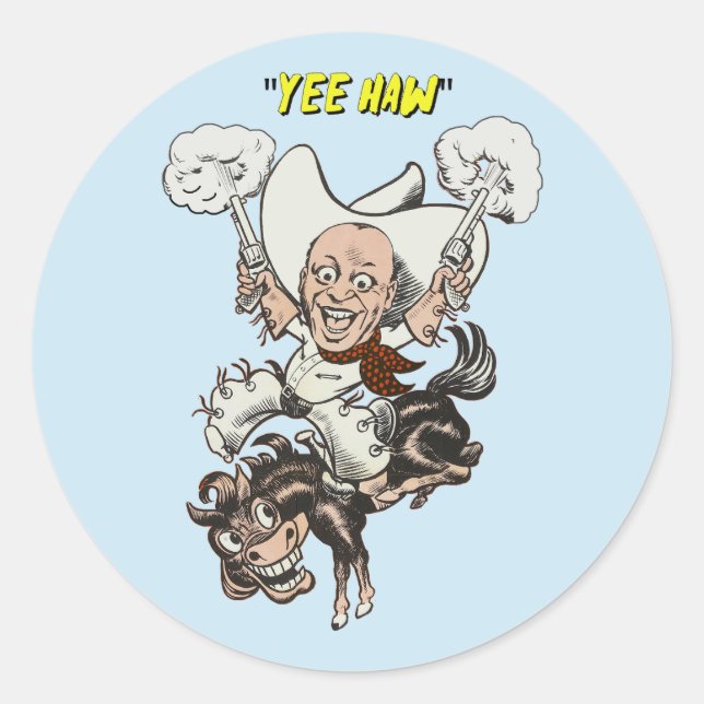 Tecknad cowboyskjutpistoler ridkonst runt klistermärke (Framsida)