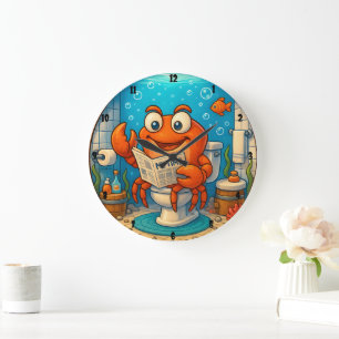 Tecknad Crab Reading in Underwater-themed Bathroom Stor Klocka