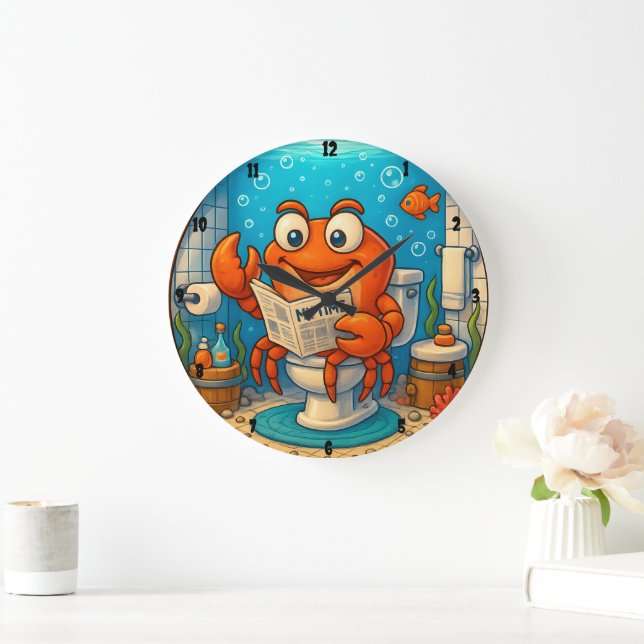 Tecknad Crab Reading in Underwater-themed Bathroom Stor Klocka (Hem)