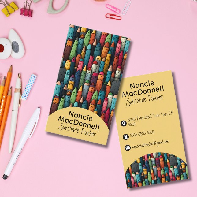 Tecknad Crayon Mönster Visitkort (Colorful Teacher Tutoring Cartoon Crayon Pattern Business Card)