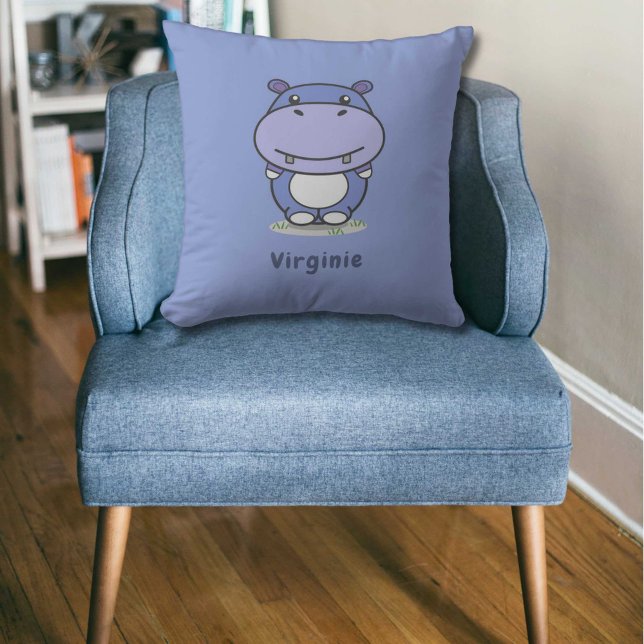Tecknad Cute Hippo Blue Pillow Kudde (Cartoon Cute Hippo Blue Pillow)