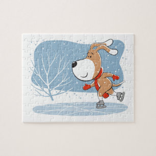 Tecknad Cute Hund Puppy Ice Skating Winter Snö Pussel