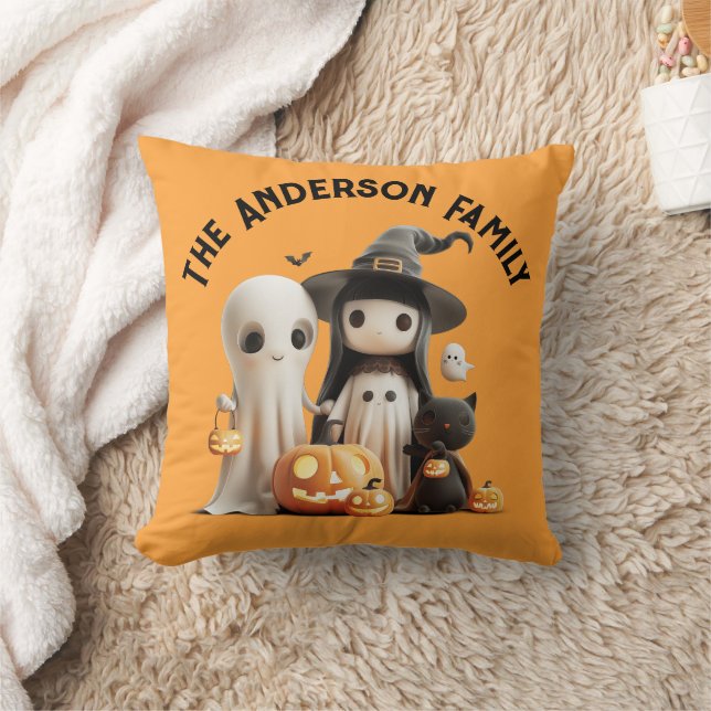 Tecknad Cute Witch Ghost Pumpkins Family Halloween Kudde (Filt)