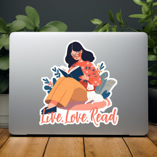 Tecknad Cute Woman Reading Bok med Katt Anpassning Klistermärken