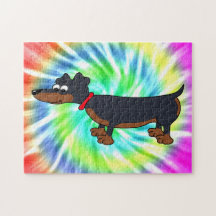 Tecknad Dachshund Hund Tie Dye Design Puzzle
