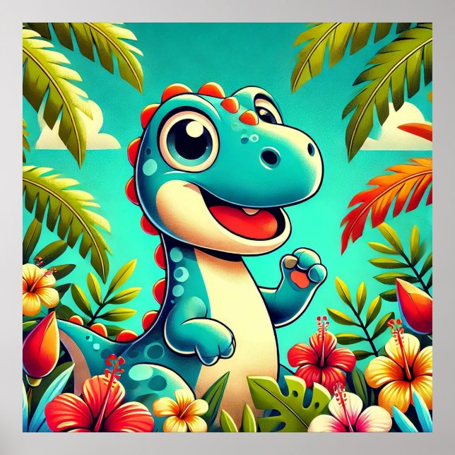 Tecknad Dinosaur Amidst Vibrant Tropical Poster (Framsidan)