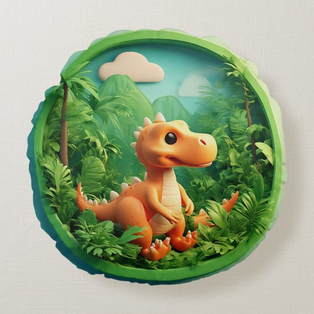 Tecknad dinosaur i bambuskog rund kudde (Framsidan)
