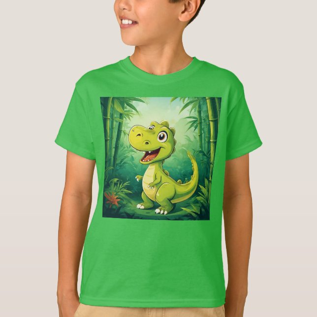 Tecknad Dinosaur i Lush Grönt Jungle T Shirt (Framsida)