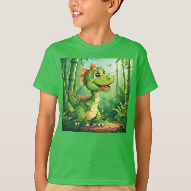 Tecknad Dinosaur i Lush Grönt Jungle T Shirt (Framsida)