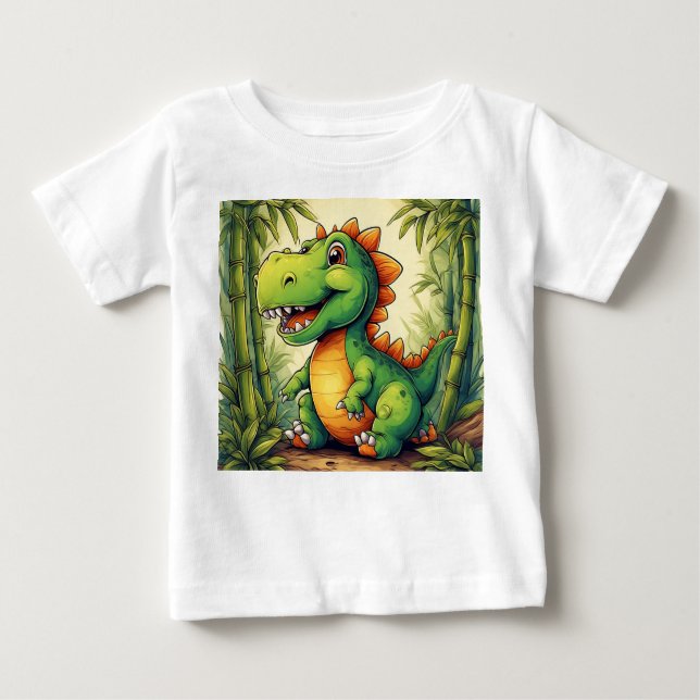 Tecknad Dinosaur i Lush Grönt Jungle T Shirt (Framsida)