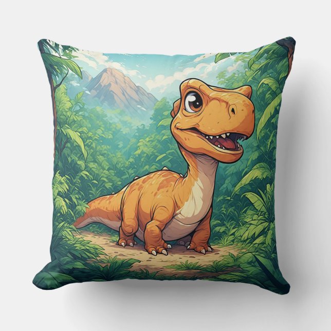 Tecknad dinosaur som utforskar en tropisk djungel kudde (Framsida)