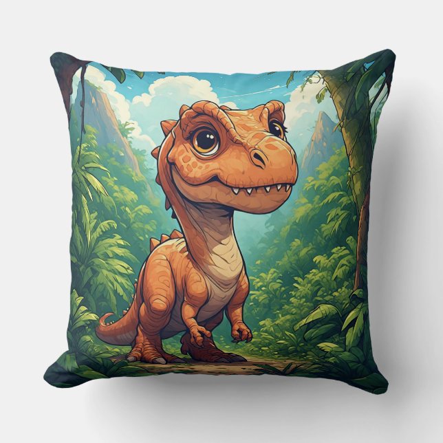 Tecknad dinosaur som utforskar en tropisk djungel kudde (Framsida)