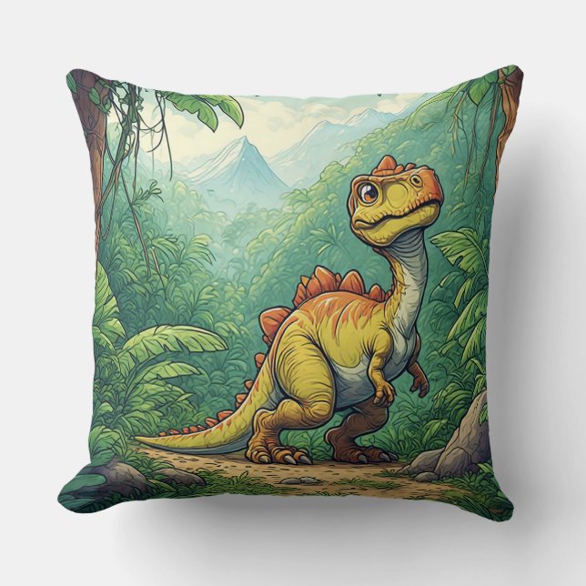 Tecknad dinosaur som utforskar en tropisk djungel kudde (Framsida)