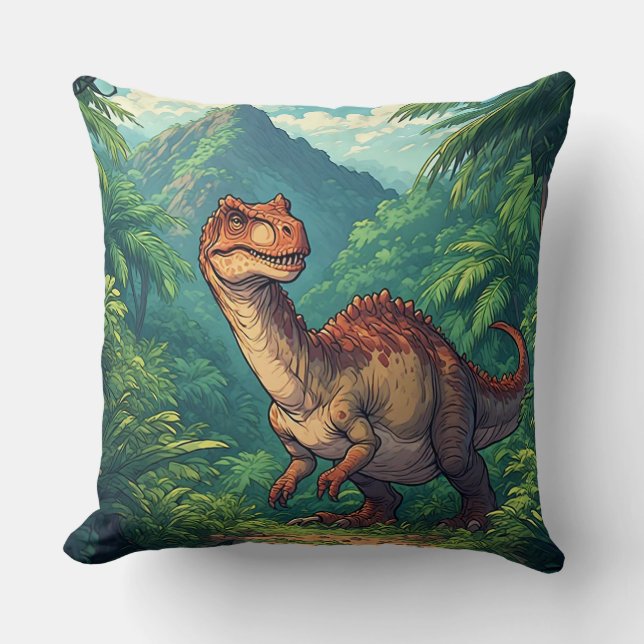 Tecknad dinosaur som utforskar en tropisk djungel kudde (Framsida)