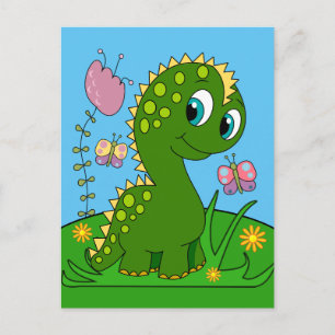 Tecknad dinosaurie, blommor och fjärilar vykort