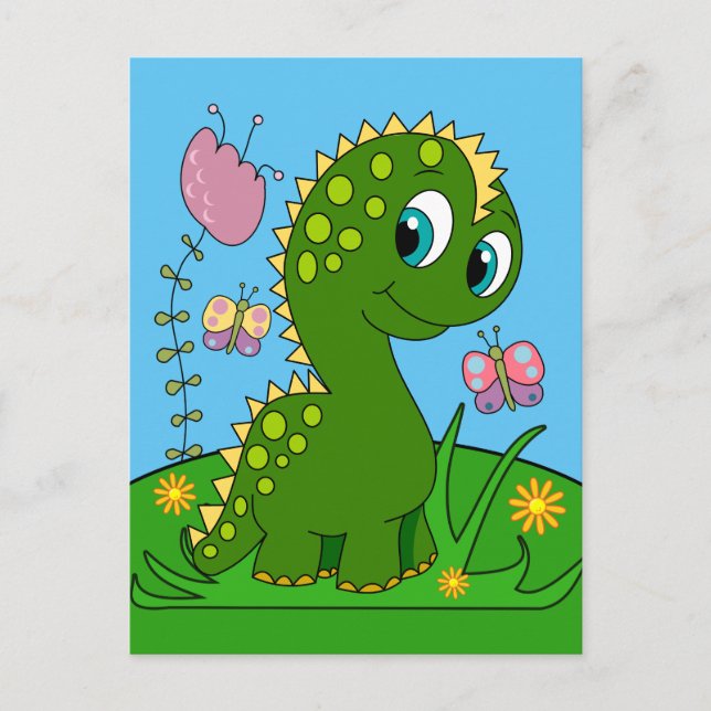 Tecknad dinosaurie, blommor och fjärilar vykort (Framsida)