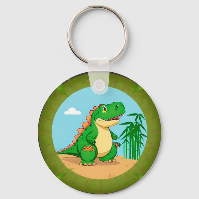 Tecknad dinosaurie i en tropisk scen nyckelring (Framsida)