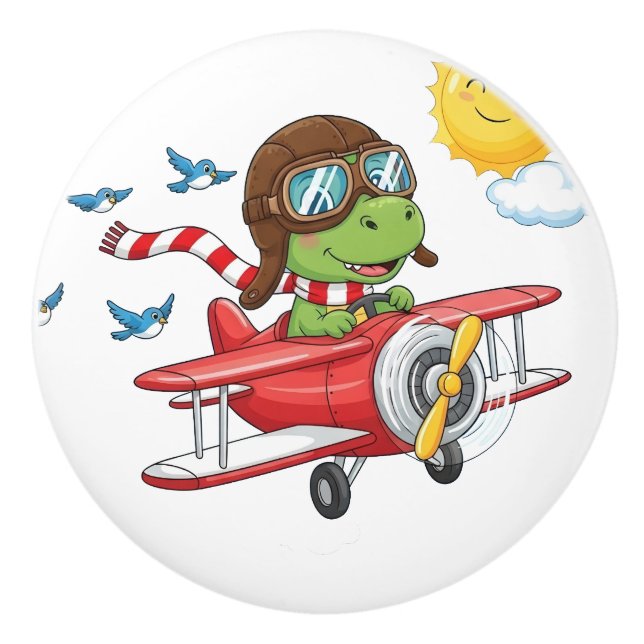Tecknad dinosaurie pilot flyger rött flygplan knopp (Framsidan)