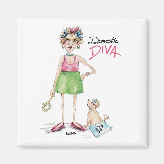 Tecknad Diva och Pudel Doing Chores Magnet (Framsidan)