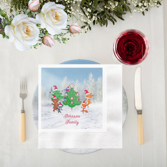 Tecknad Djur som dansar runt Julgran Pappersservett (Cartoon Animals Dancing Around the Christmas Tree Paper Napkins)