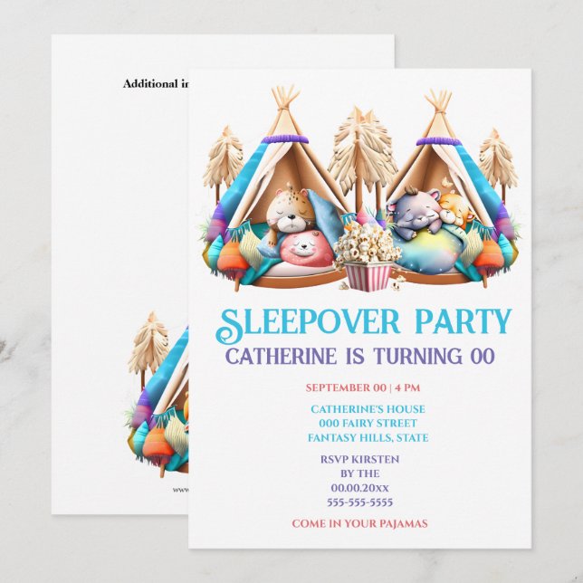 Tecknad djur som sover popcorn-barn inbjudningar (Fram/baksida)