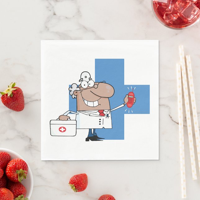 Tecknad Doktor med Mobil och medicinsk stämpel Pappersservett (Skapare uppladdad)