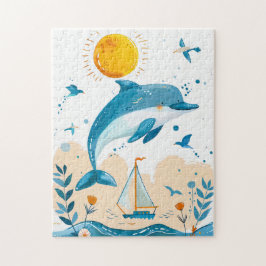 Tecknad Dolphin Leaping ut ur Vatten Pussel