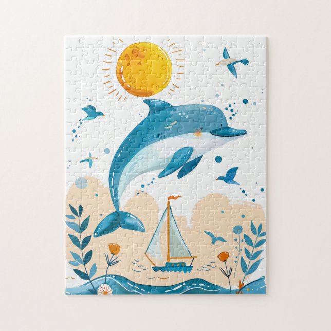 Tecknad Dolphin Leaping ut ur Vatten Pussel (Vertikal)