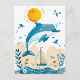 Tecknad Dolphin Leaping ut ur Vatten Vykort