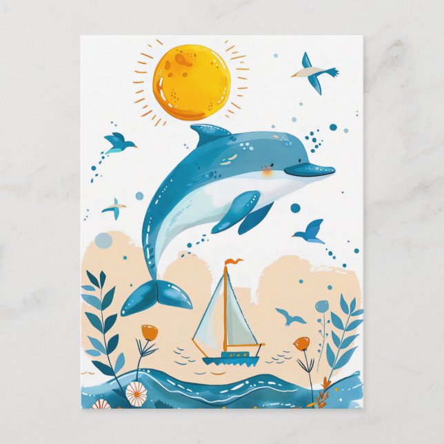 Tecknad Dolphin Leaping ut ur Vatten Vykort (Framsida)