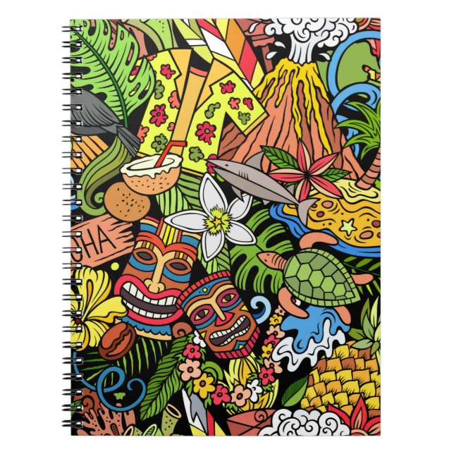 Tecknad doodlar Hawaii sömlös mönster. Bakgrund Anteckningsbok (Framsidan)