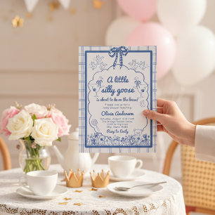 Tecknad dum gås blå Gingham-band Baby Shower Inbjudningar