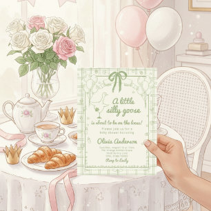 Tecknad Dumma Gås grön Gingham Band Baby Shower Inbjudningar